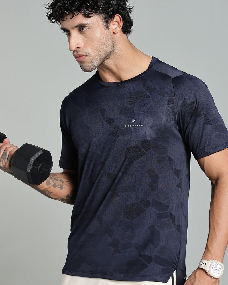 Navy Blue Dotted - Active wear Round neck Tshirt