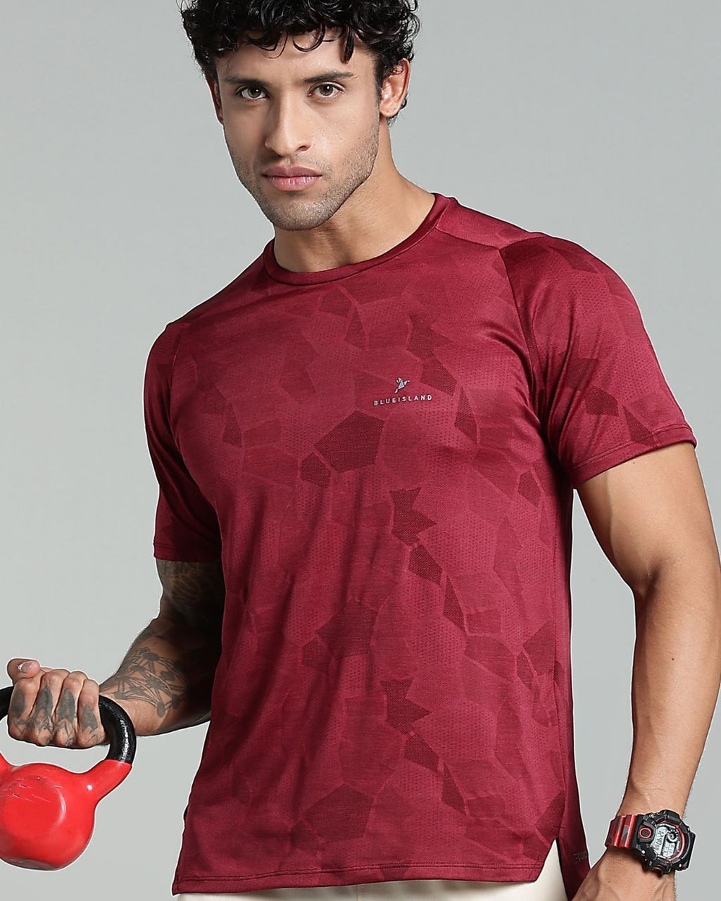 Maroon Dotted - Active wear Round neck Tshirt