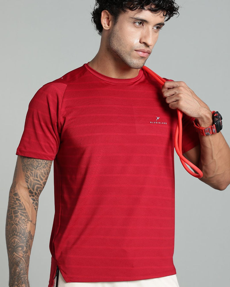 Dark Maroon Horizontal Stripes - Active wear Round neck Tshirt