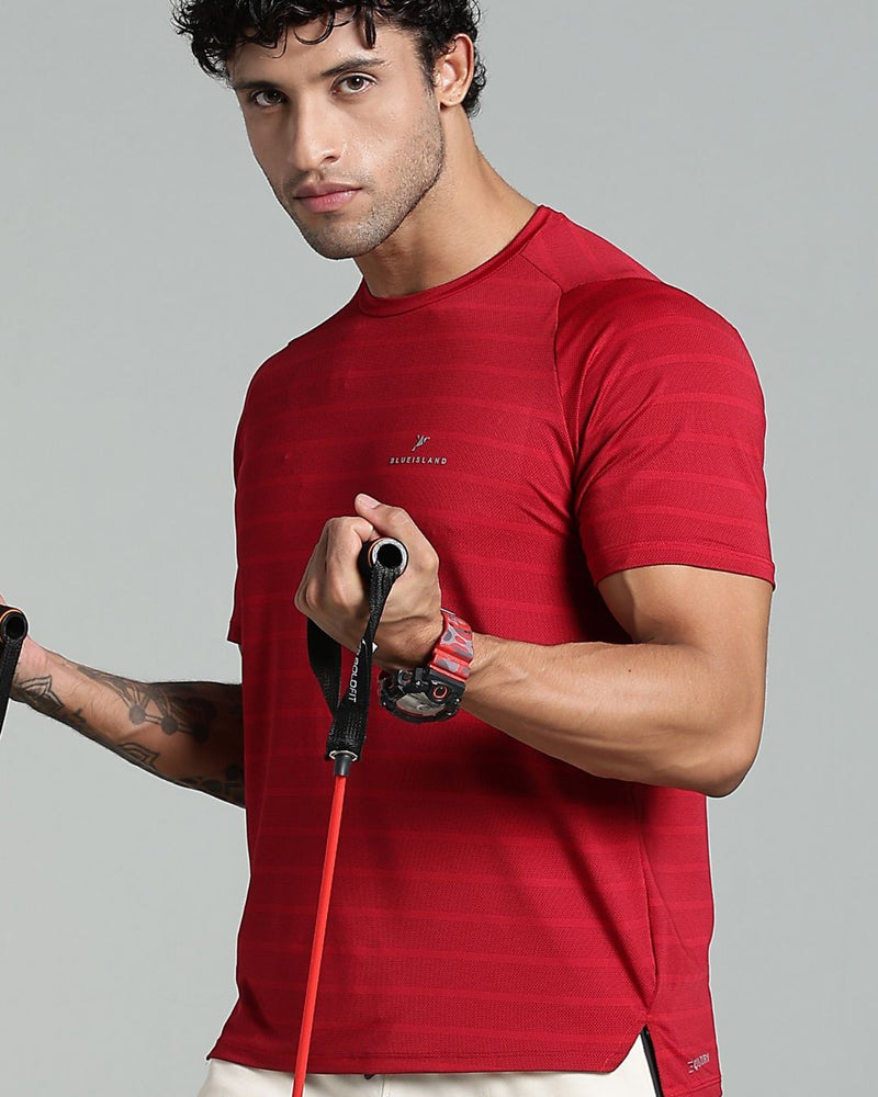 Dark Maroon Horizontal Stripes - Active wear Round neck Tshirt