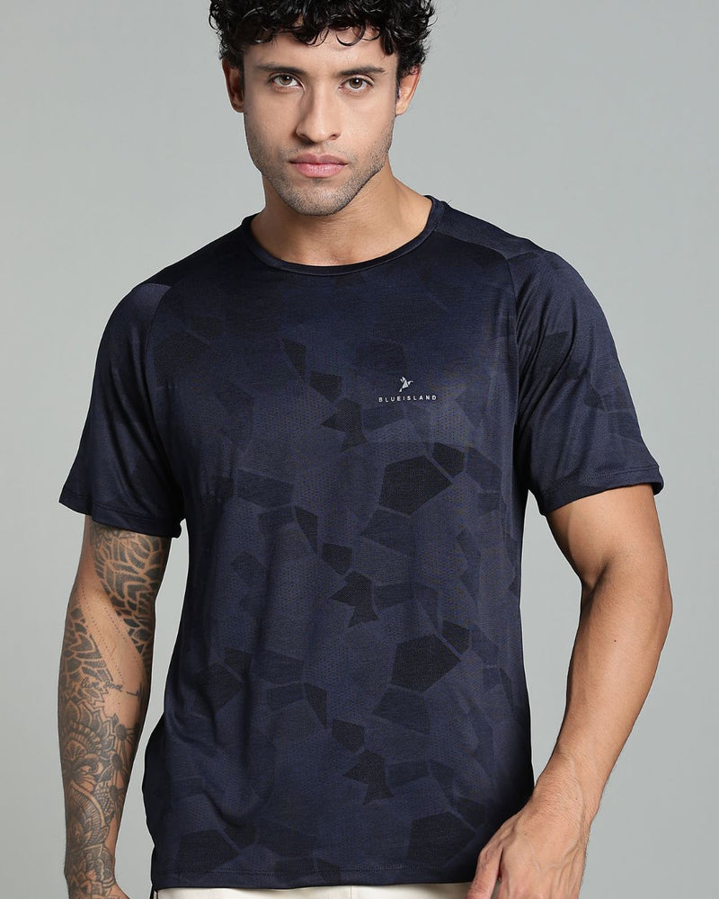 Navy Blue Dotted - Active wear Round neck Tshirt