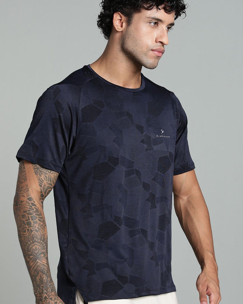 Navy Blue Dotted - Active wear Round neck Tshirt