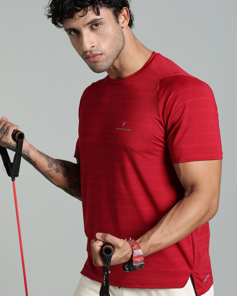 Dark Maroon Horizontal Stripes - Active wear Round neck Tshirt