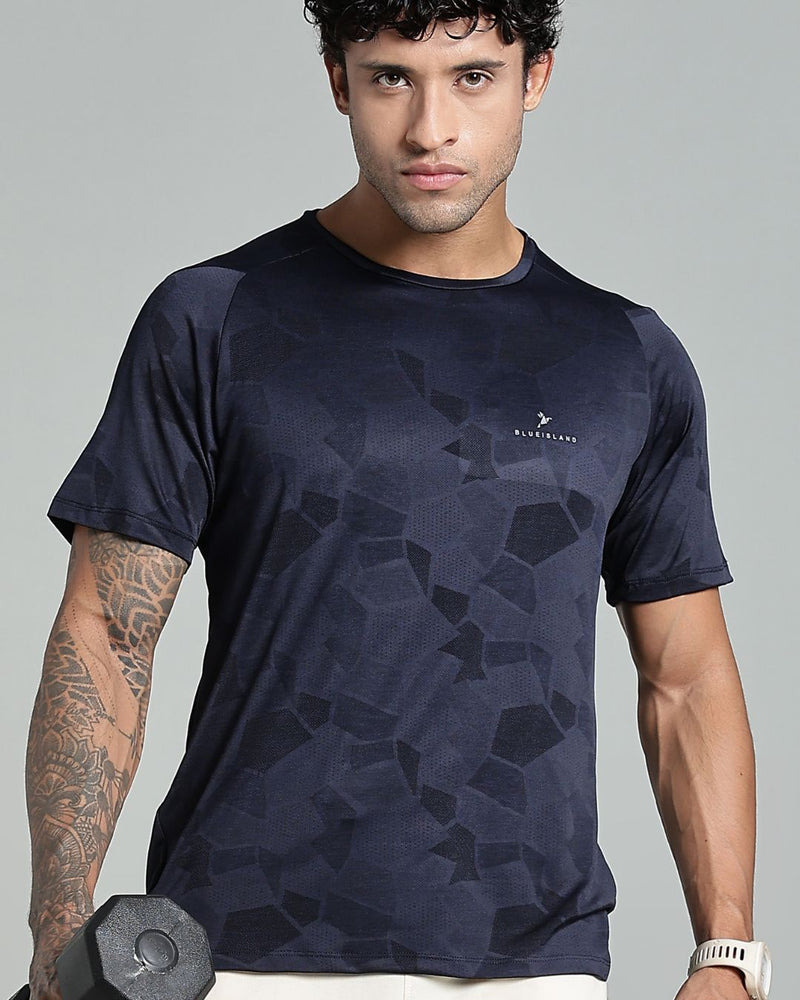 Navy Blue Dotted - Active wear Round neck Tshirt