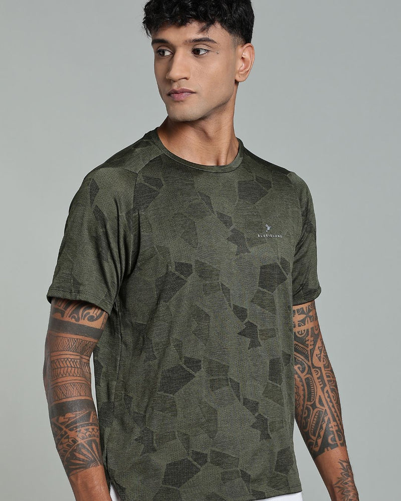Dark Green Dotted - Active wear Round neck Tshirt