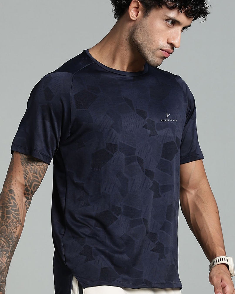Navy Blue Dotted - Active wear Round neck Tshirt