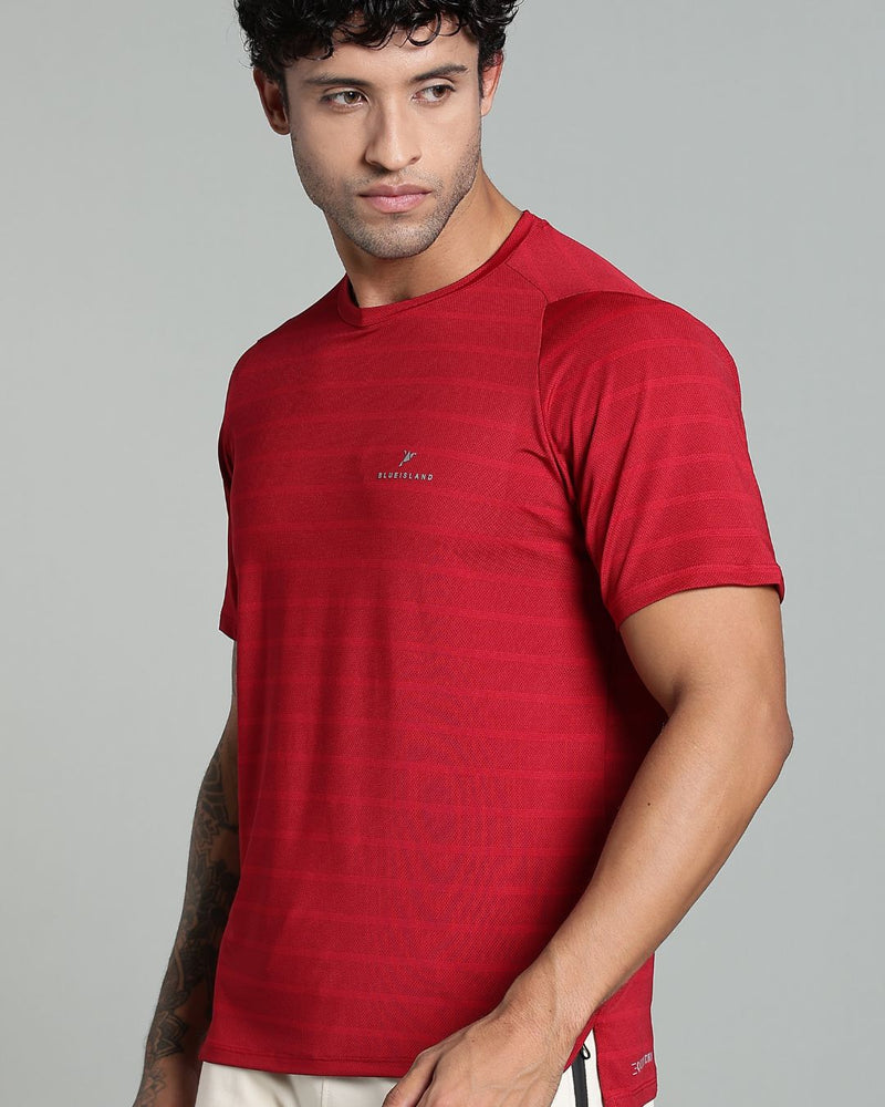 Dark Maroon Horizontal Stripes - Active wear Round neck Tshirt