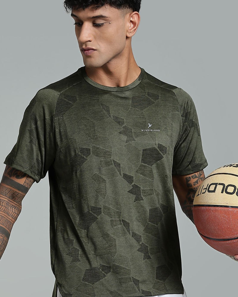 Dark Green Dotted - Active wear Round neck Tshirt