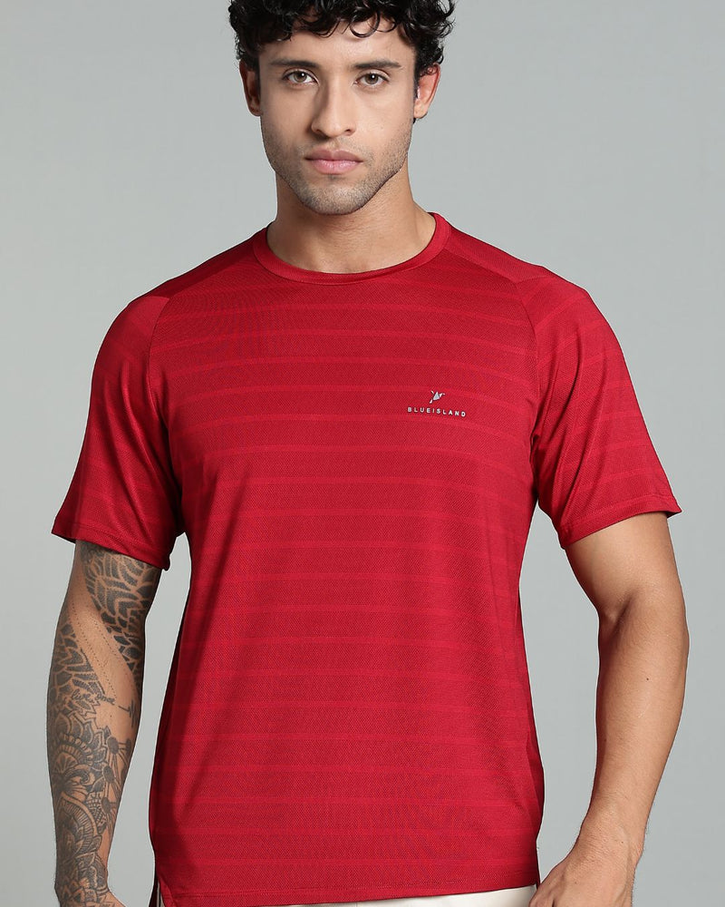 Dark Maroon Horizontal Stripes - Active wear Round neck Tshirt