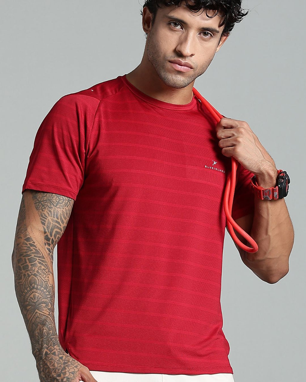 Dark Maroon Horizontal Stripes - Active wear Round neck Tshirt
