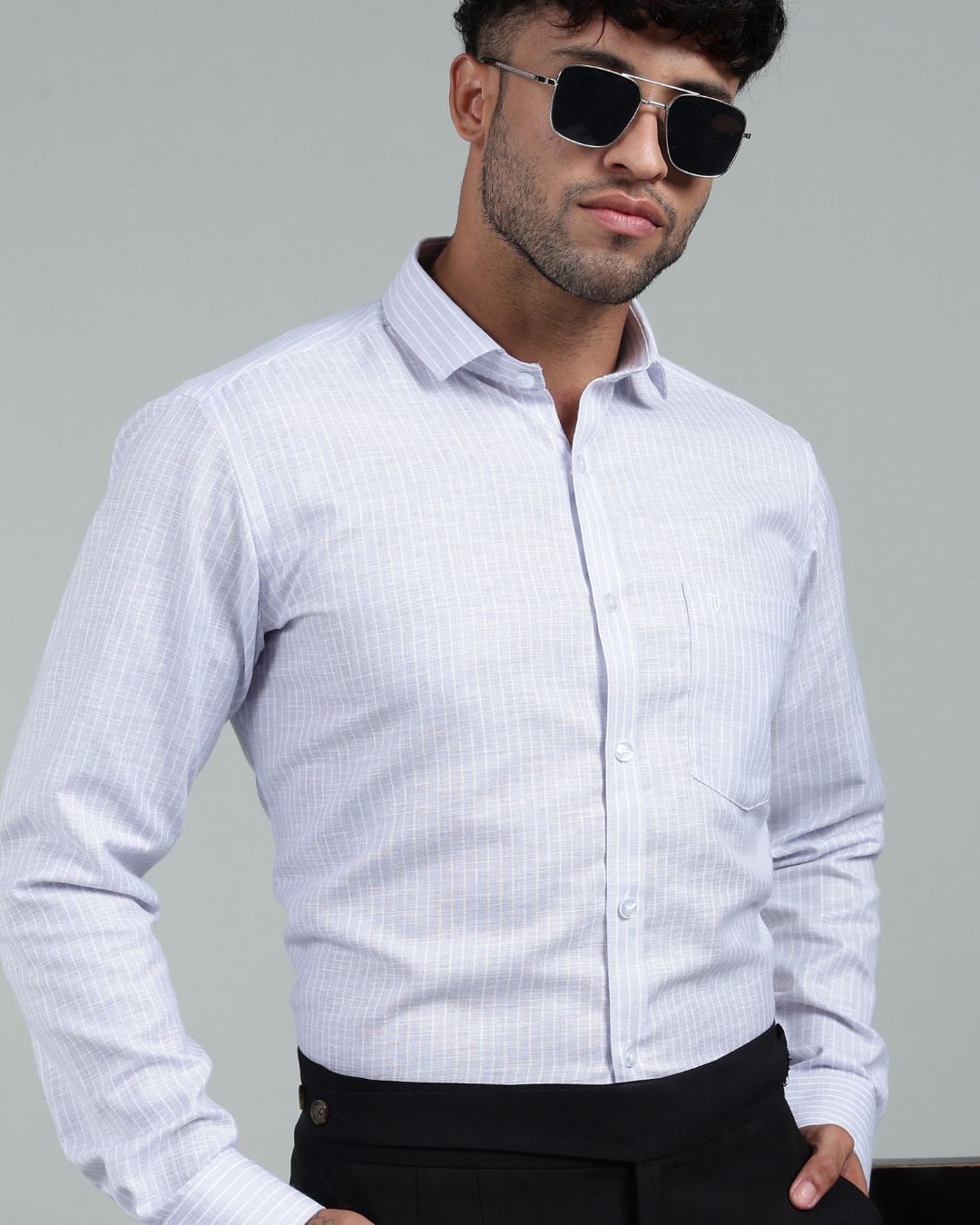 Silver & White - Full Sleeve - Striped Linen