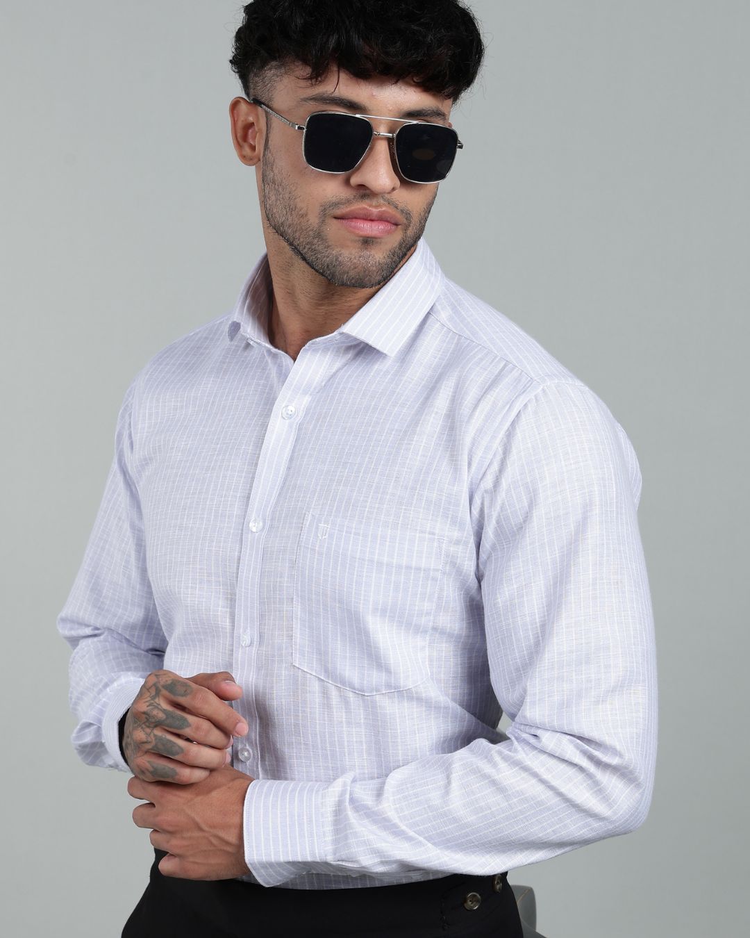 Silver & White - Full Sleeve - Striped Linen