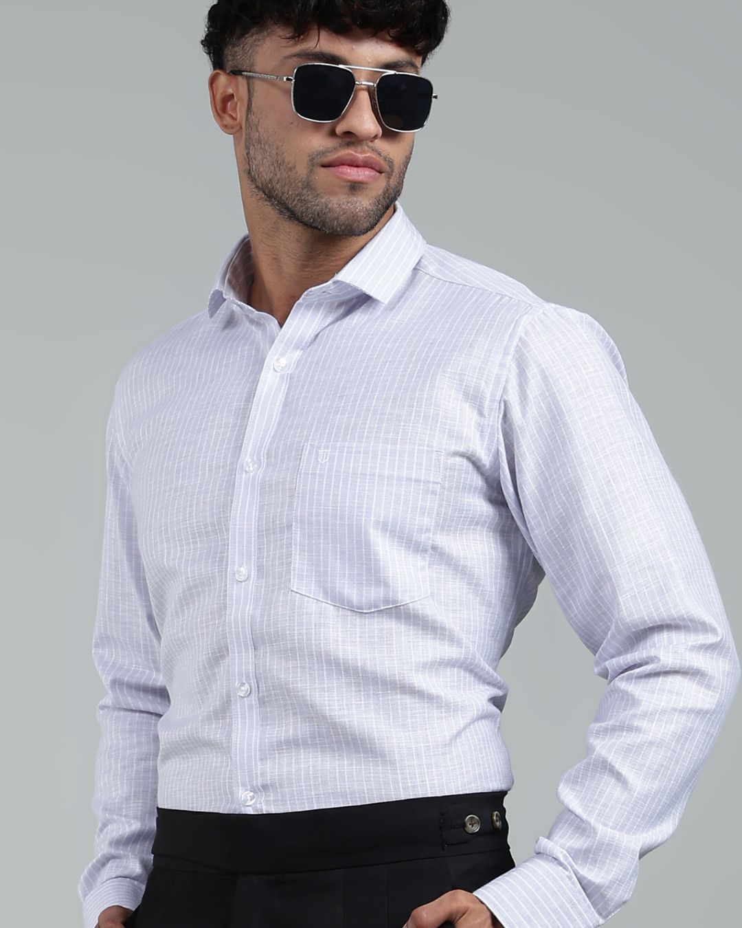 Silver & White - Full Sleeve - Striped Linen