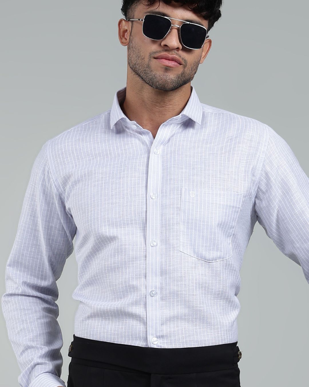 Silver & White - Full Sleeve - Striped Linen