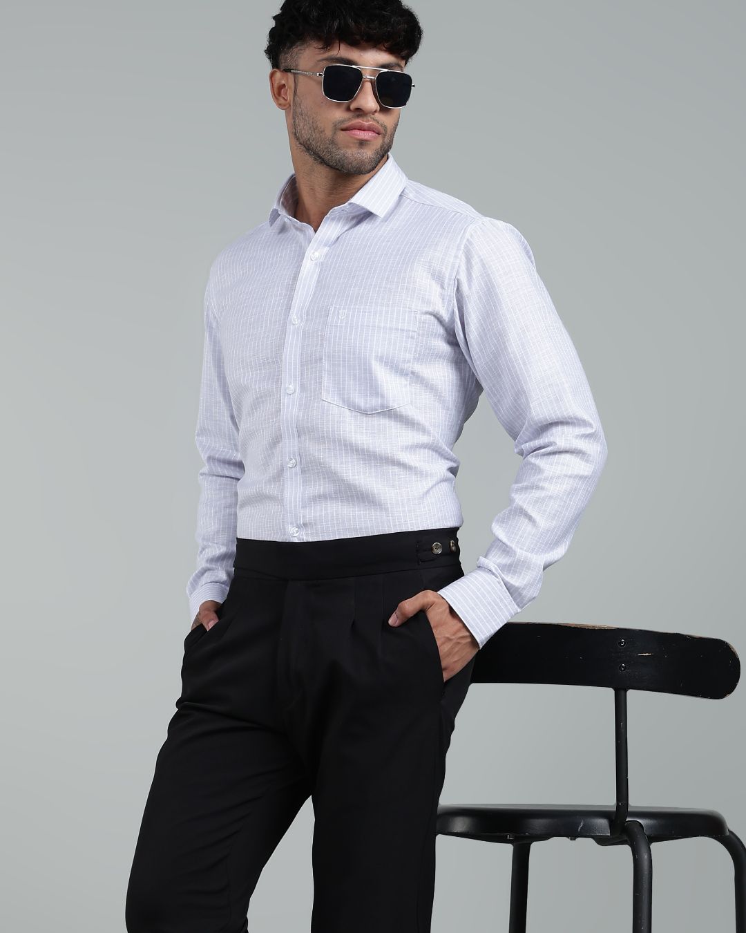 Silver & White - Full Sleeve - Striped Linen